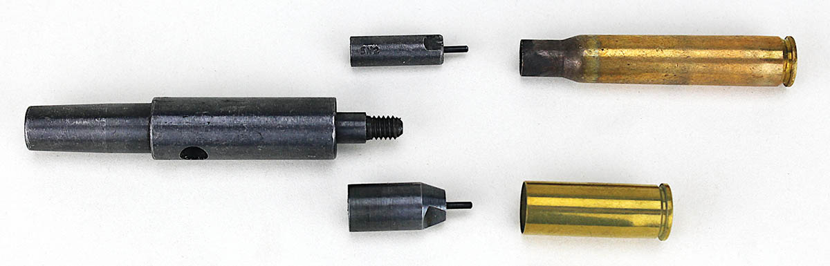 Two different-size spindle caps  accommodate  both .30- and .38-caliber cases, as well as .45-caliber  cases.